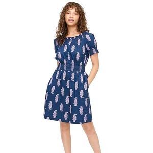 J Crew Smocked Navy & Pink puff-sleeve cotton poplin dress budding branch print